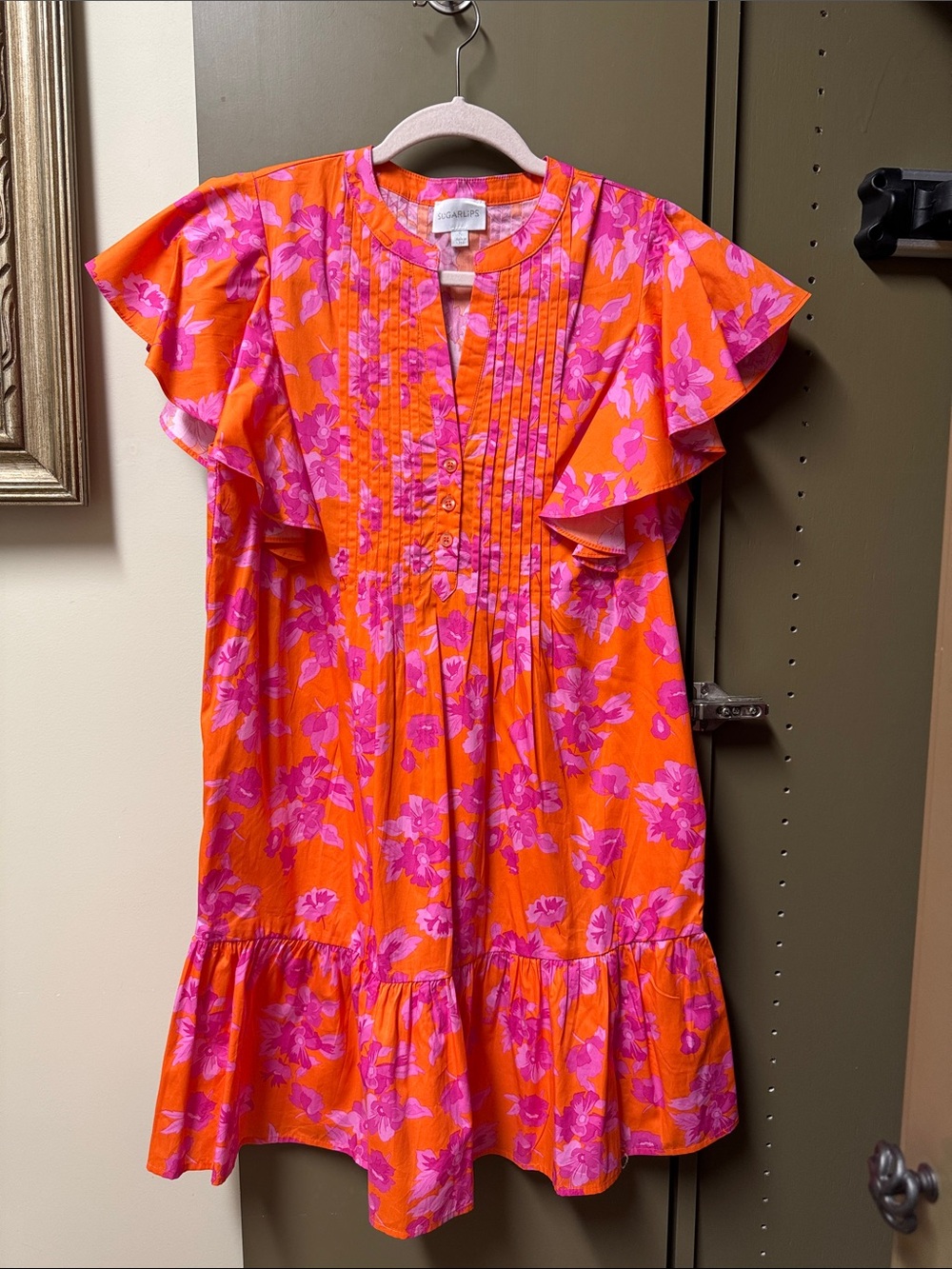 Sugarlips Orange Dress with Pink Floral Print and Ruffle Sleeves